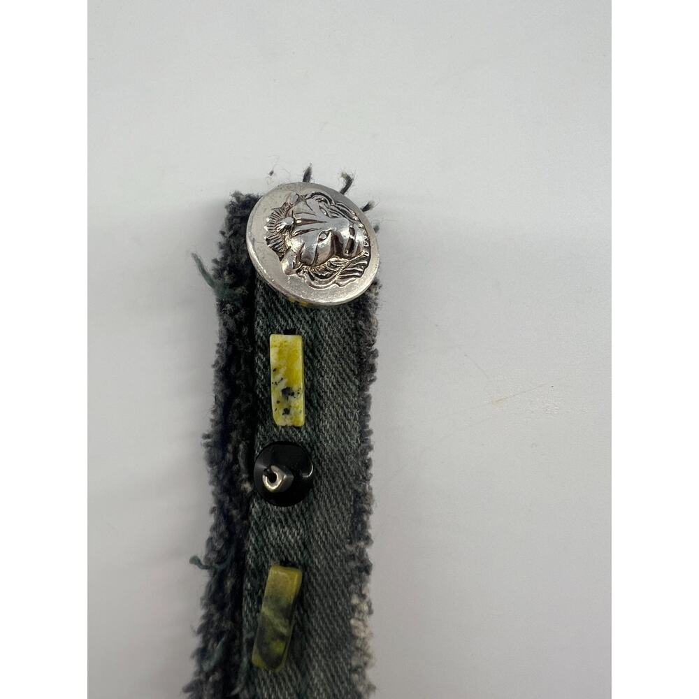Handmade Denim Jean Black Green Beaded Bracelet Boho Bohemian Indie Button Clasp - Picture 3 of 8